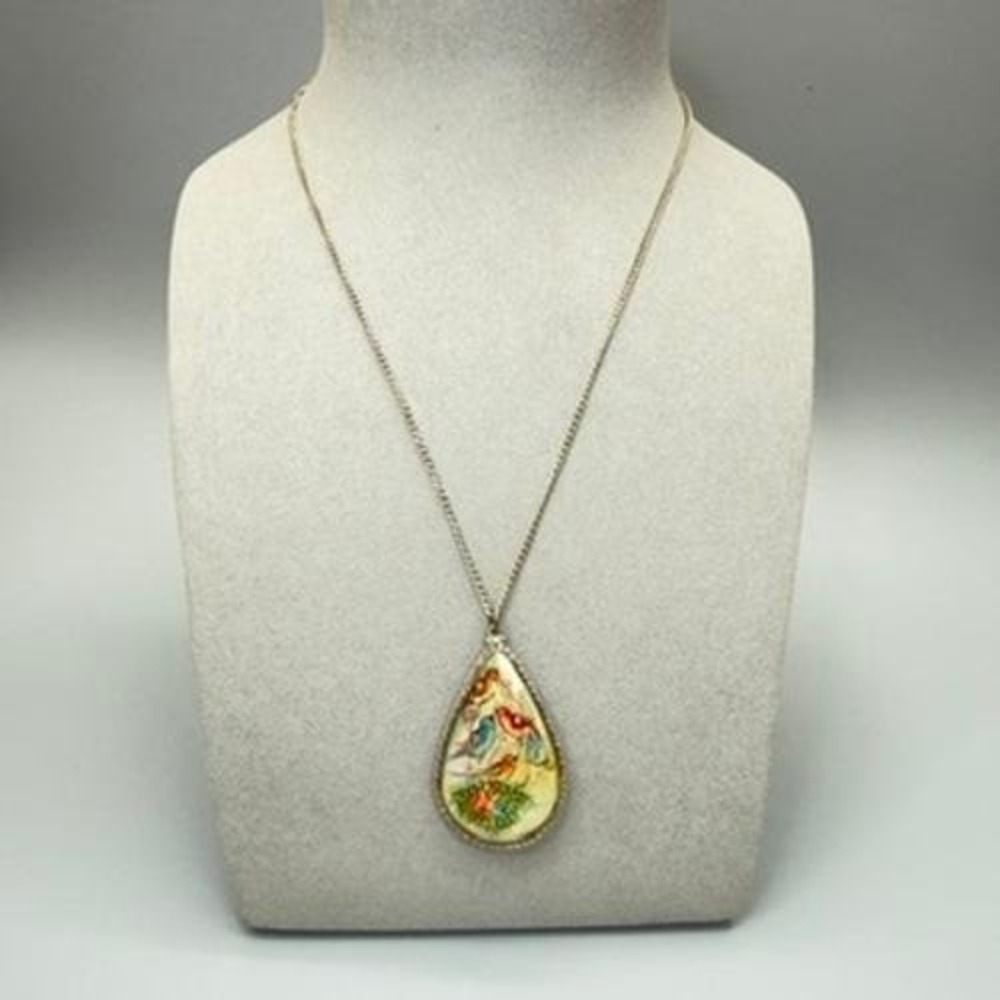 Vintage Persian Mother of Pearl Pendant Necklace Hand Painted Reversible 20" - Picture 10 of 13